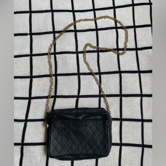 Black Leather Purse with Gold Chain Strap - Picture 1 of 5